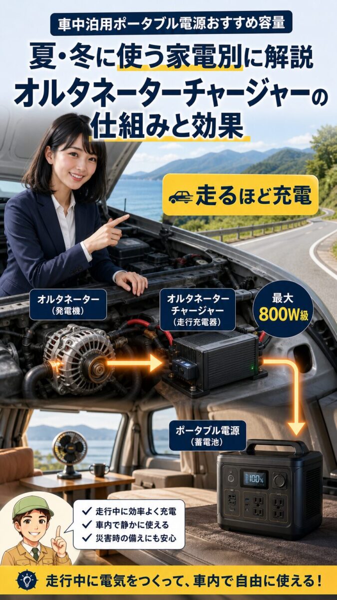 オルタネーターチャージャーで走行中に急速充電する仕組みのイメージ