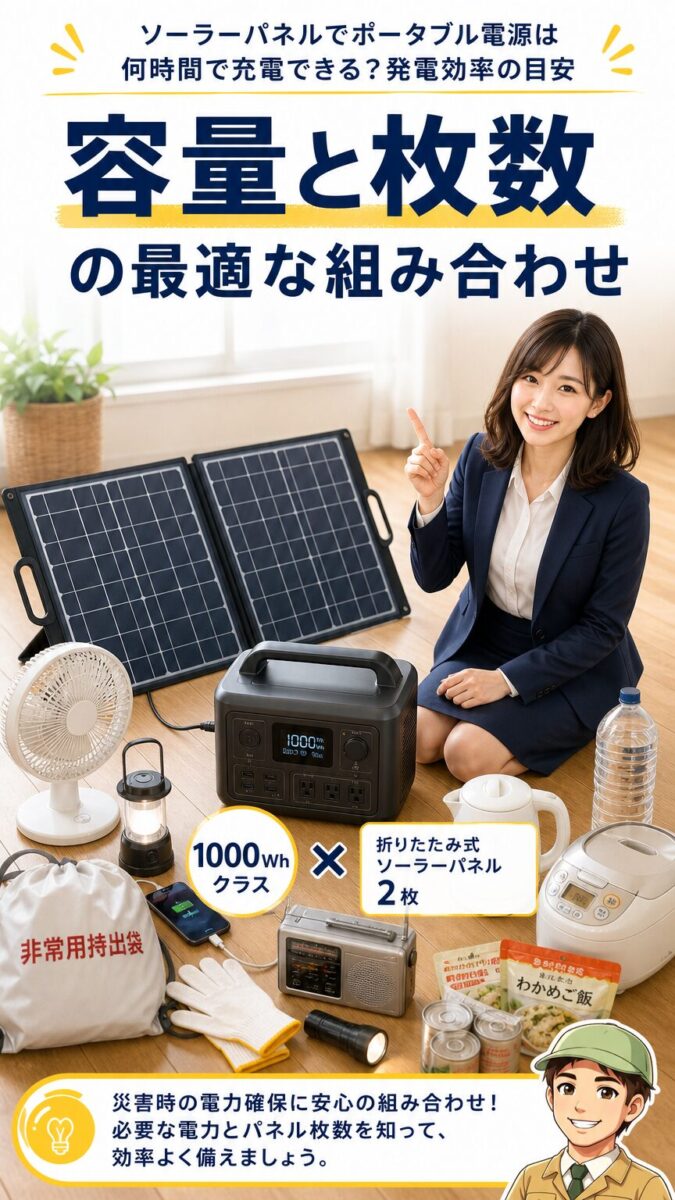 ポータブル電源の容量とソーラーパネル枚数の最適な組み合わせを示す縦型画像