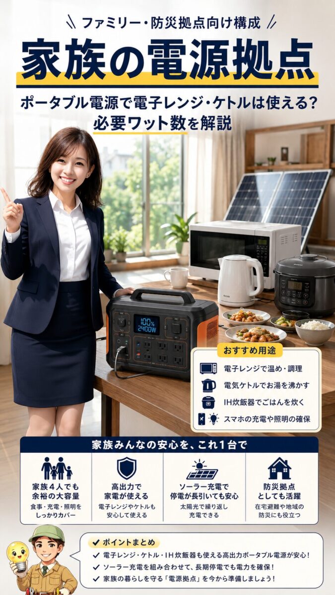 ファミリーや防災拠点向けに高出力ポータブル電源と調理家電を組み合わせた画像