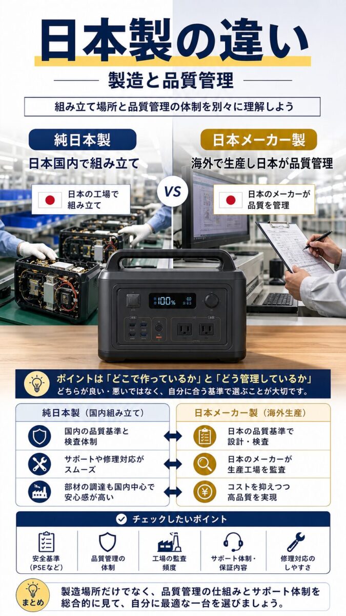 純日本製と日本メーカー製ポータブル電源の違いを示す画像