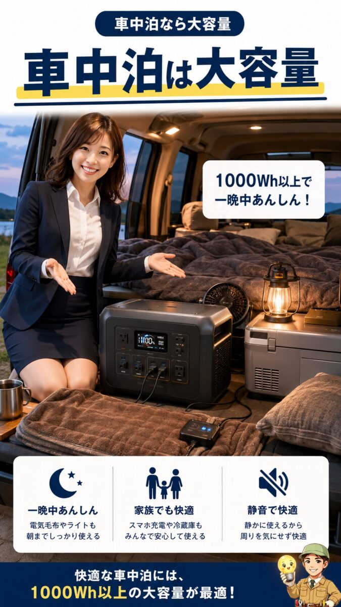 車中泊で電気毛布や冷蔵庫を動かす大容量ポータブル電源のイメージ