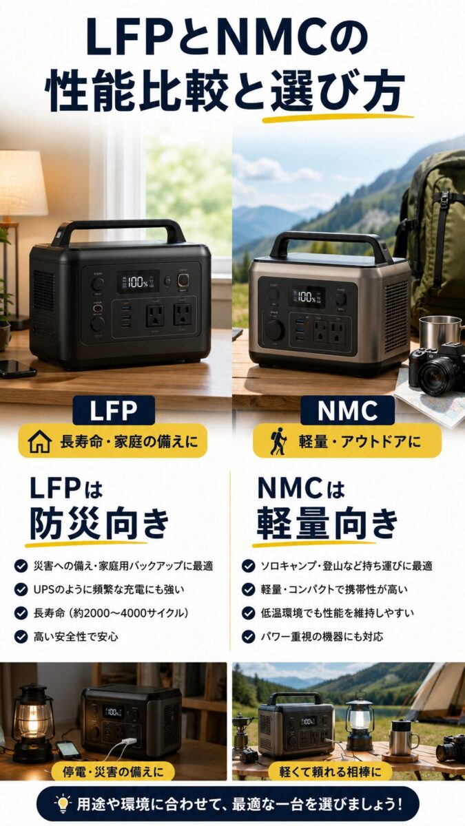 LFPとNMCの違いを防災向きと軽量アウトドア向きで比較する画像
