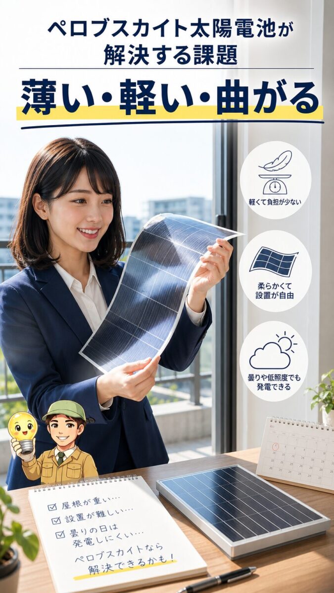 ペロブスカイト太陽電池が軽さや柔軟性で設置課題を解決する画像