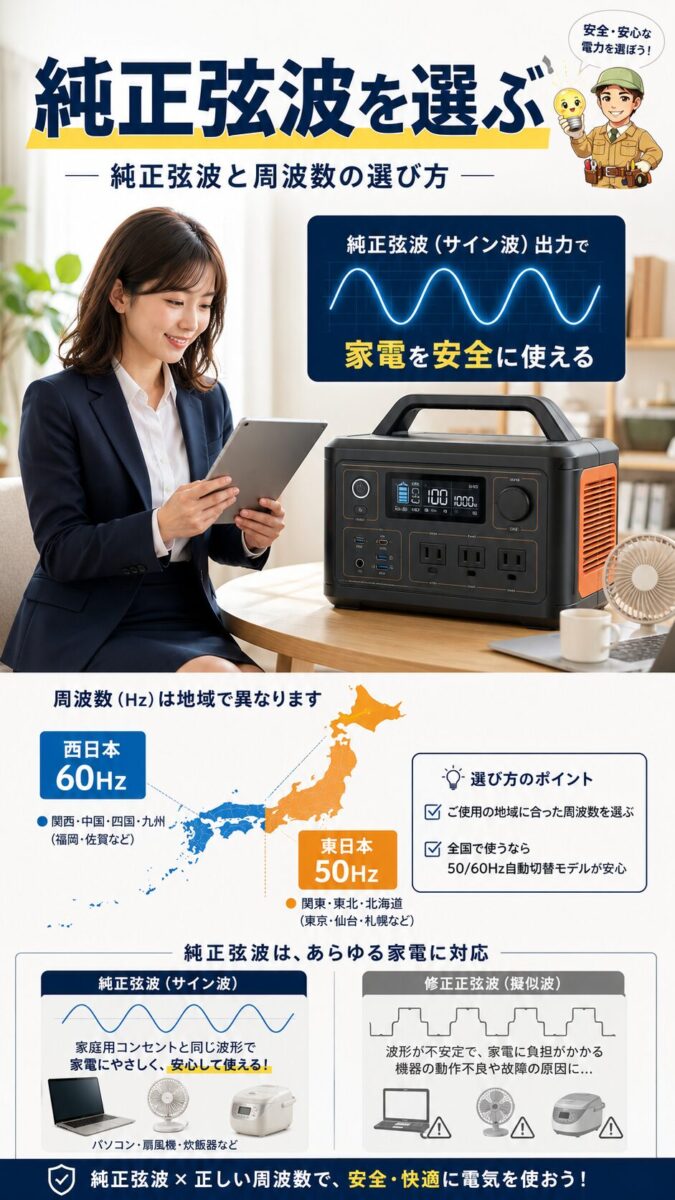 純正弦波と周波数確認の重要性を示した縦型画像