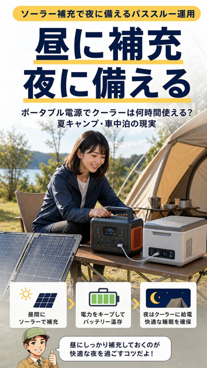 ソーラーパネルで充電しながらクーラーを使い夜に備えるパススルー運用の画像