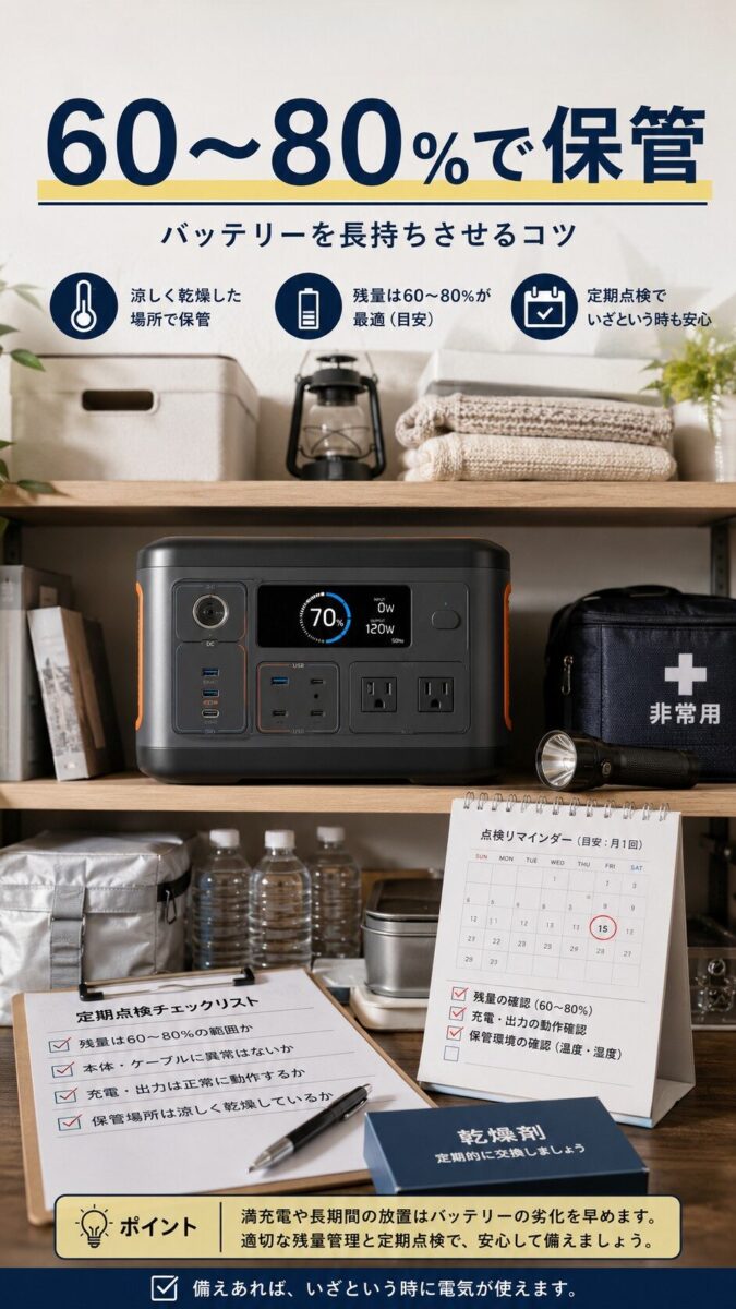 ポータブル電源を60〜80%の残量で保管管理する画像