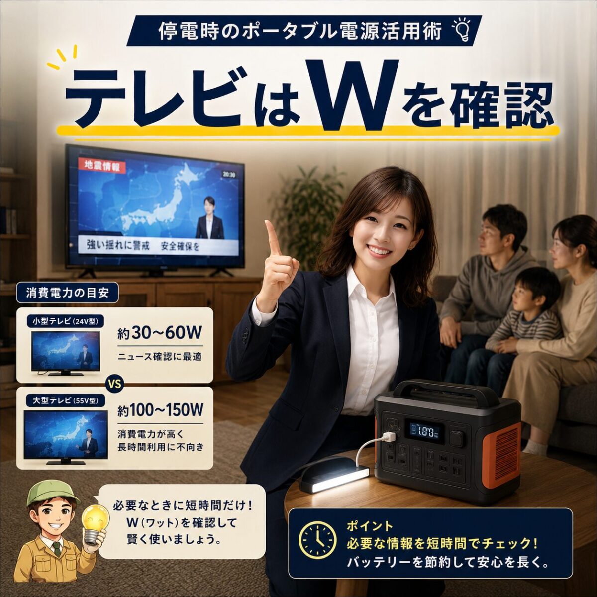 テレビの消費電力を確認してポータブル電源の残量を節約するイメージ