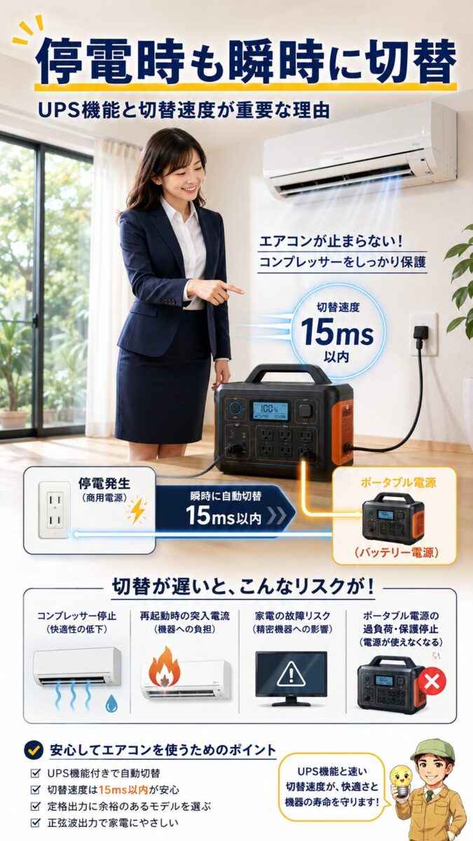 UPS機能で停電時にポータブル電源へ素早く切り替わる様子