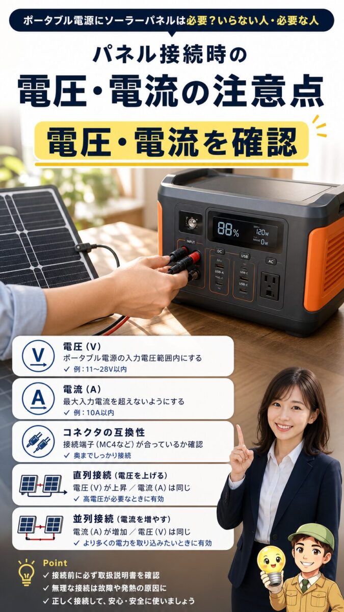 ソーラーパネル接続時に電圧と電流を確認する画像