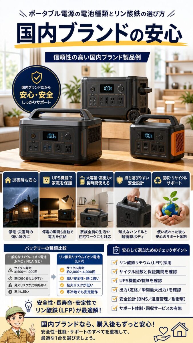 信頼性の高い国内ブランドのポータブル電源例を表す画像