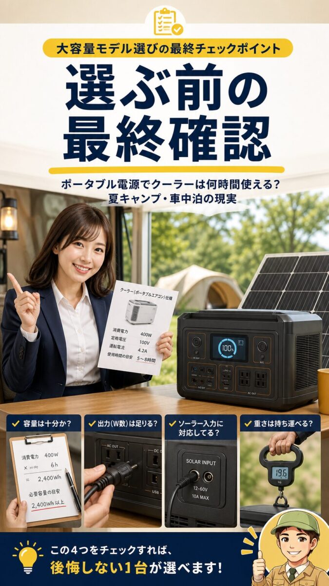 大容量ポータブル電源を選ぶ前に容量や出力や重量を確認する画像