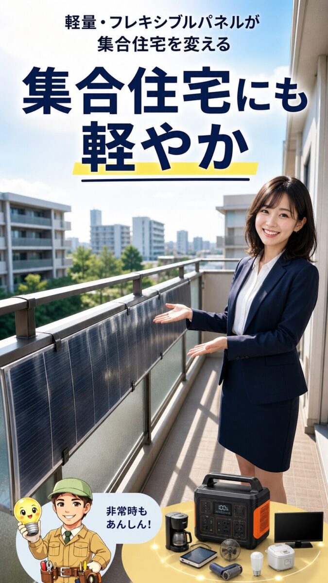 軽量フレキシブル太陽電池が集合住宅のベランダに設置される未来の画像