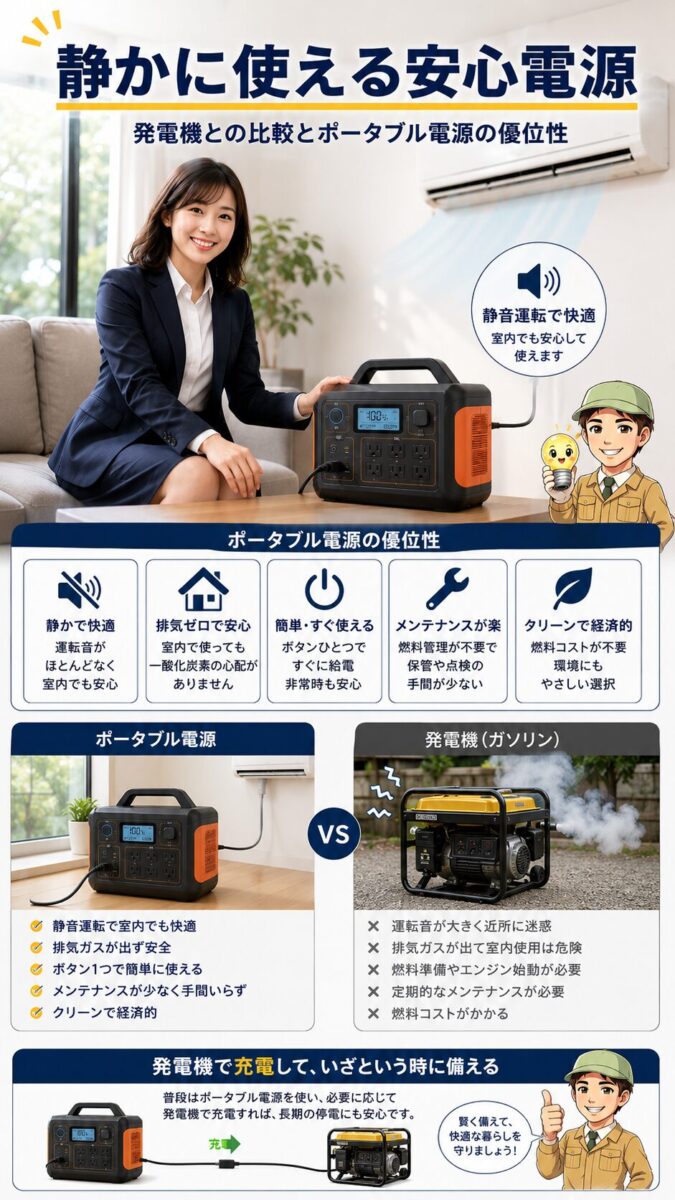 発電機と比べて静かで屋内でも使いやすいポータブル電源の画像