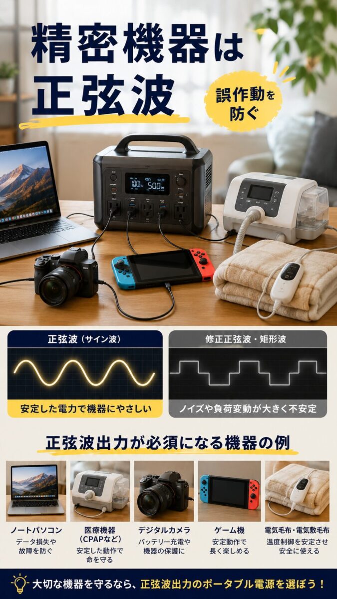 ノートパソコンや医療機器には正弦波出力が必要であることを示す画像