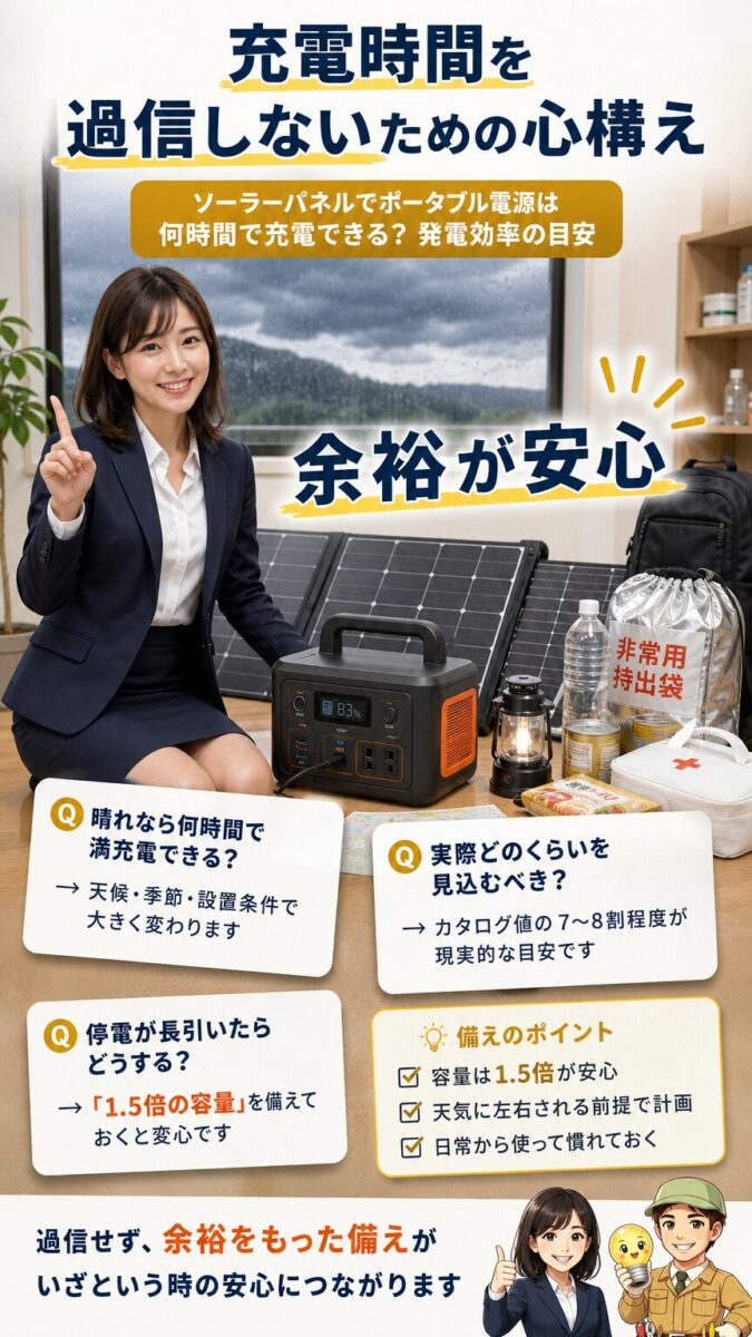 防災時にソーラー充電時間を過信せず余裕を持つ考え方を示す縦型画像