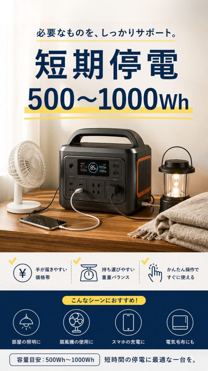 短期停電向けの500〜1000Whポータブル電源を示す画像