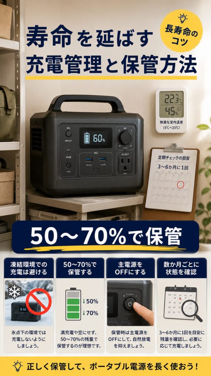 ポータブル電源を50〜70%で保管し寿命を延ばす方法を表す画像