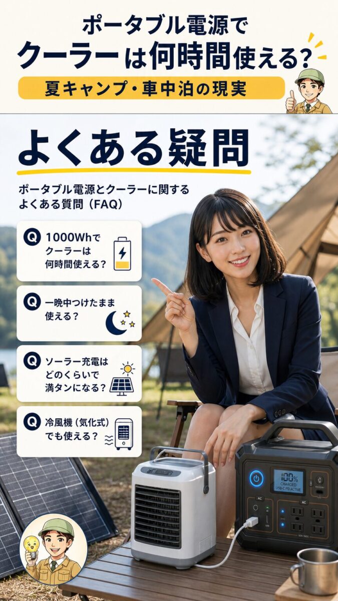 ポータブル電源とクーラーの稼働時間やソーラー充電に関する疑問を表す画像