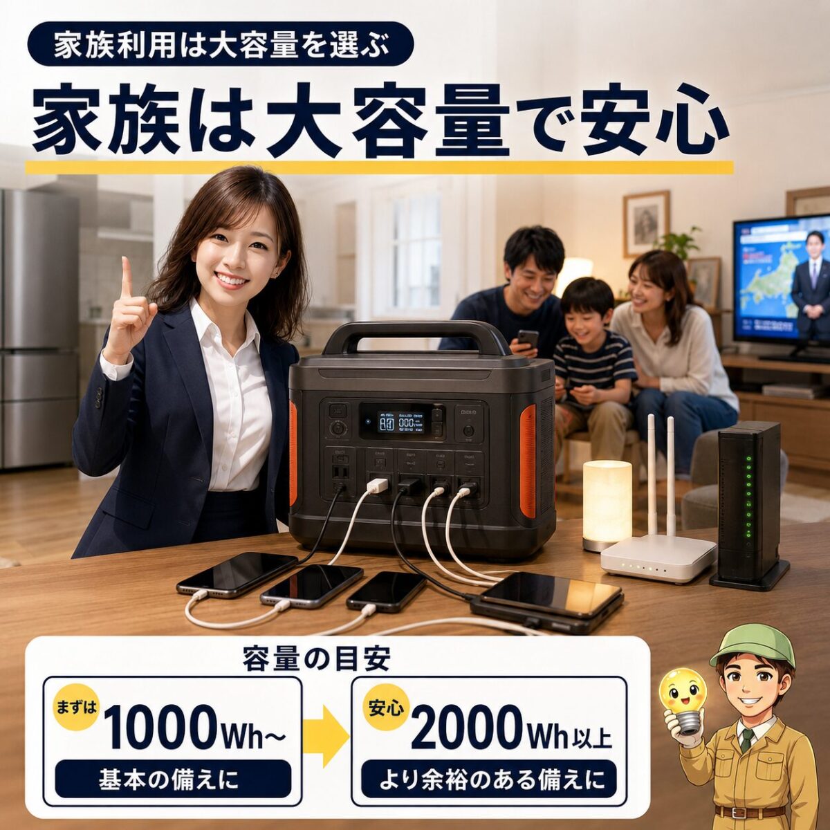 家族で停電に備えるため大容量ポータブル電源を選ぶイメージ