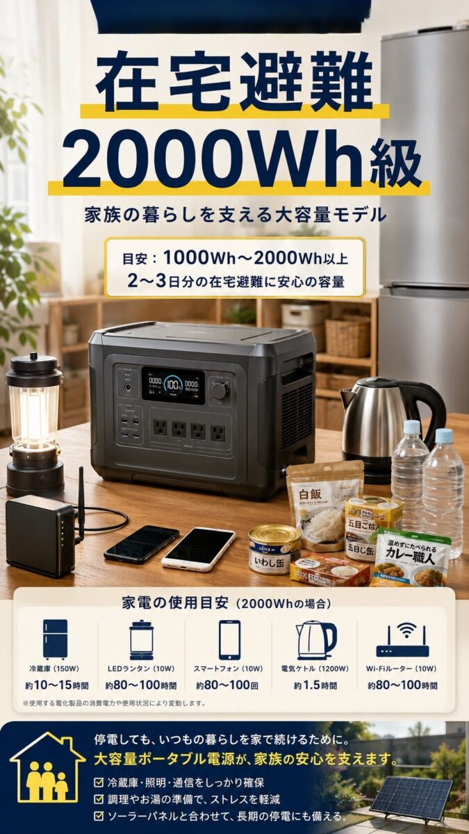 在宅避難向けの大容量ポータブル電源と備蓄用品を示す画像