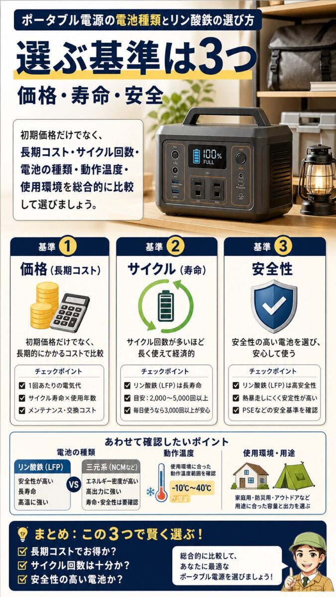 価格とサイクル寿命と安全性でポータブル電源を選ぶ基準を示す画像