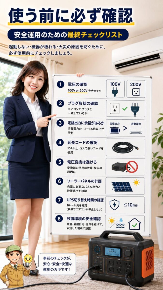エアコンにポータブル電源を使う前の安全チェック項目を確認する画像