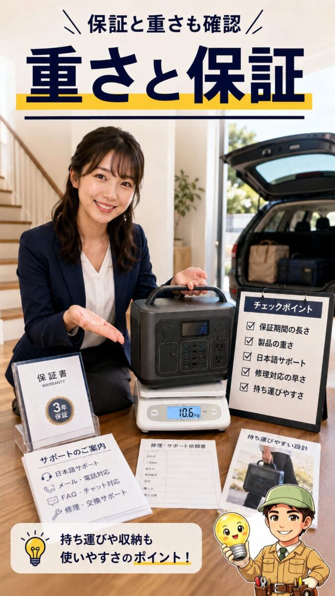 ポータブル電源の重さや保証期間を購入前に確認するイメージ
