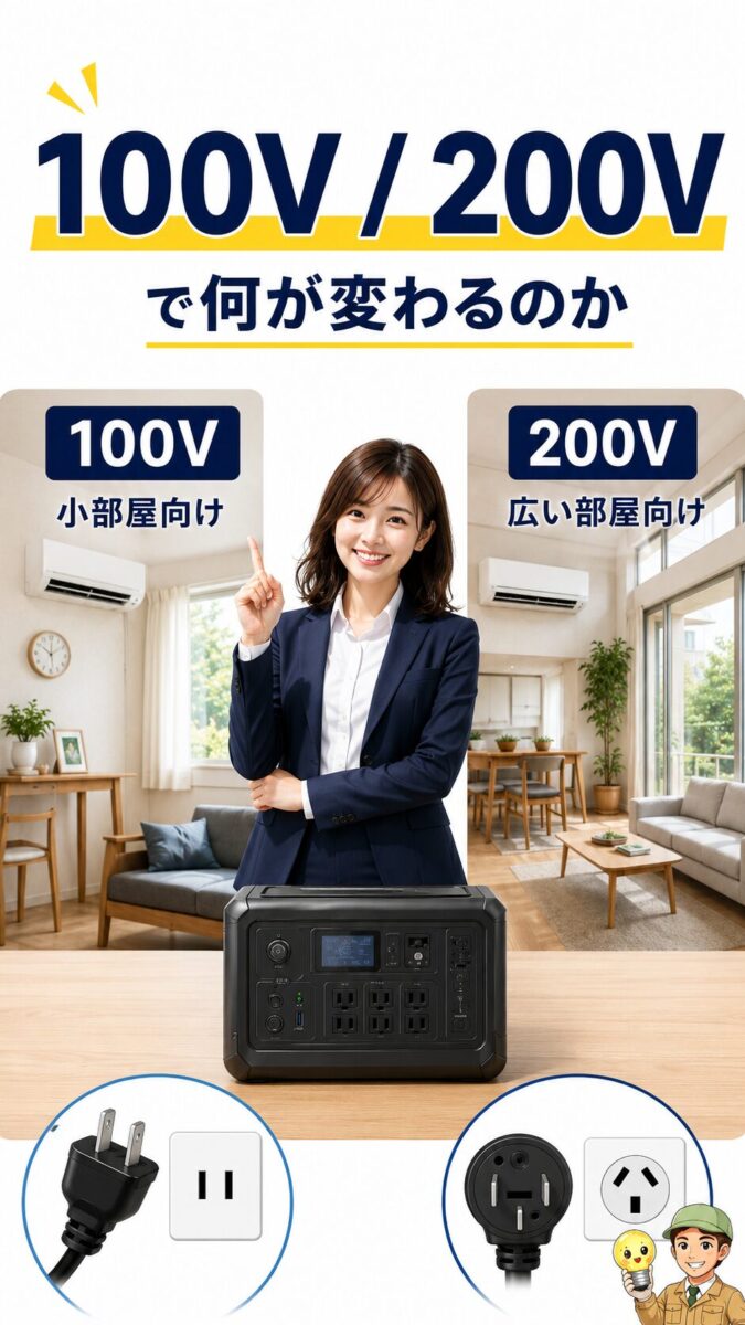 100Vエアコンと200Vエアコンの違いをポータブル電源とともに示す比較図