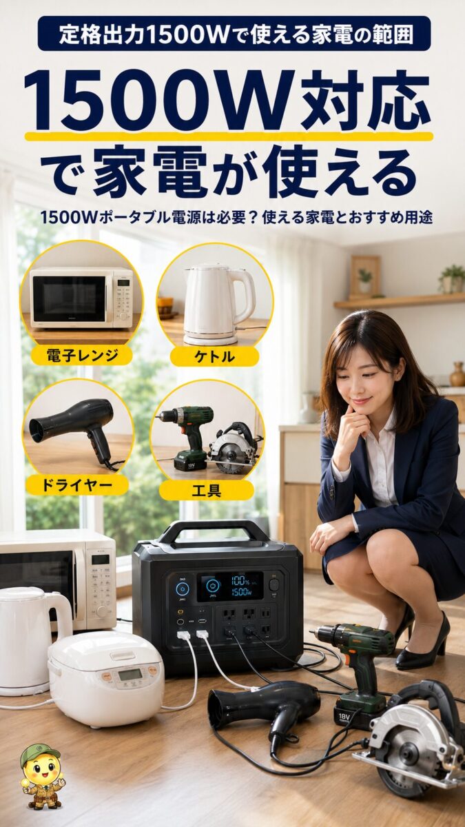 定格出力1500Wで使える主な家電を示す縦型画像