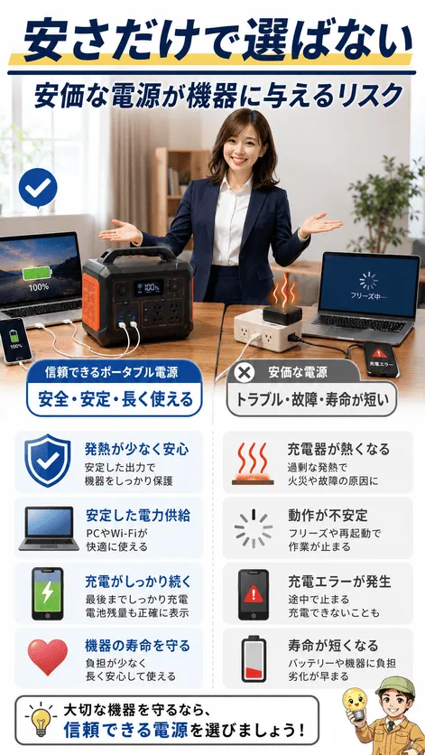 安価なポータブル電源が精密機器に与えるリスクを示す画像