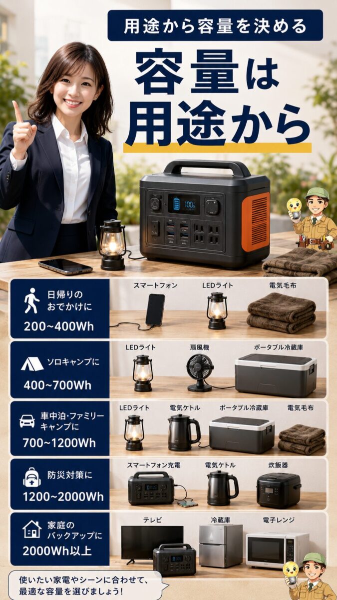 使いたい家電や用途から必要なポータブル電源の容量を考えるイメージ