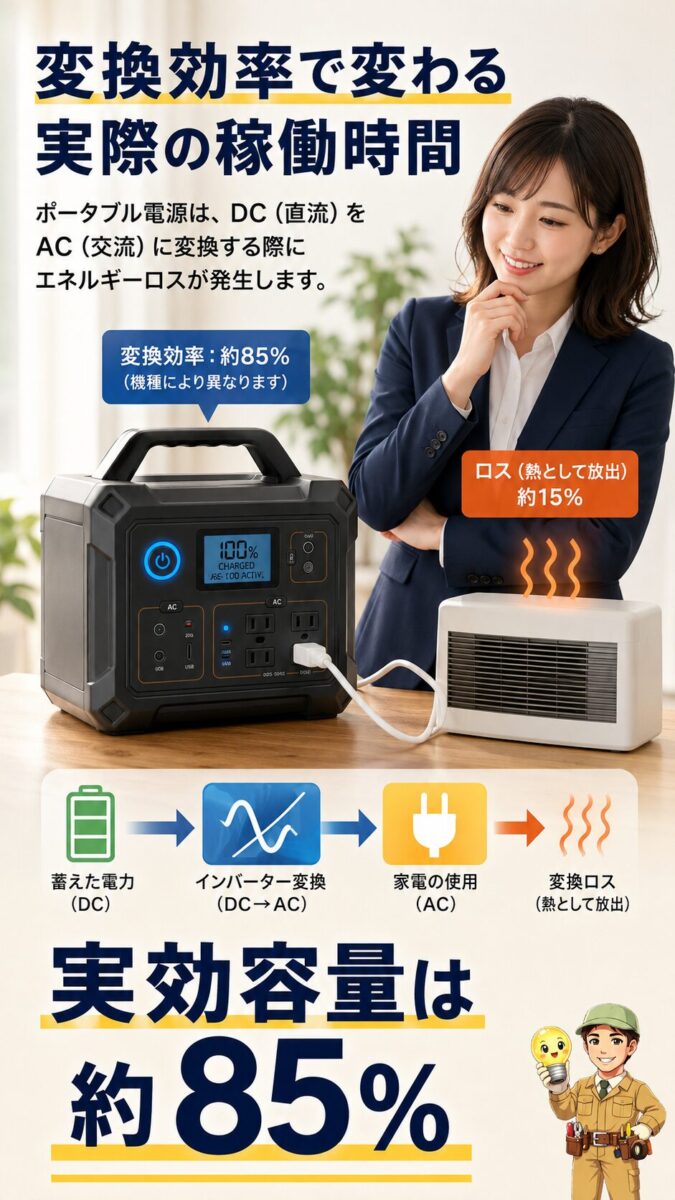 変換効率によってポータブル電源の実際の稼働時間が変わることを示した縦型画像