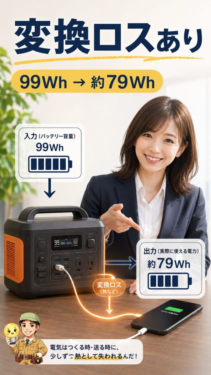 ポータブル電源の容量が変換ロスによってスマホ充電時に少なく見積もられることを示す縦型画像