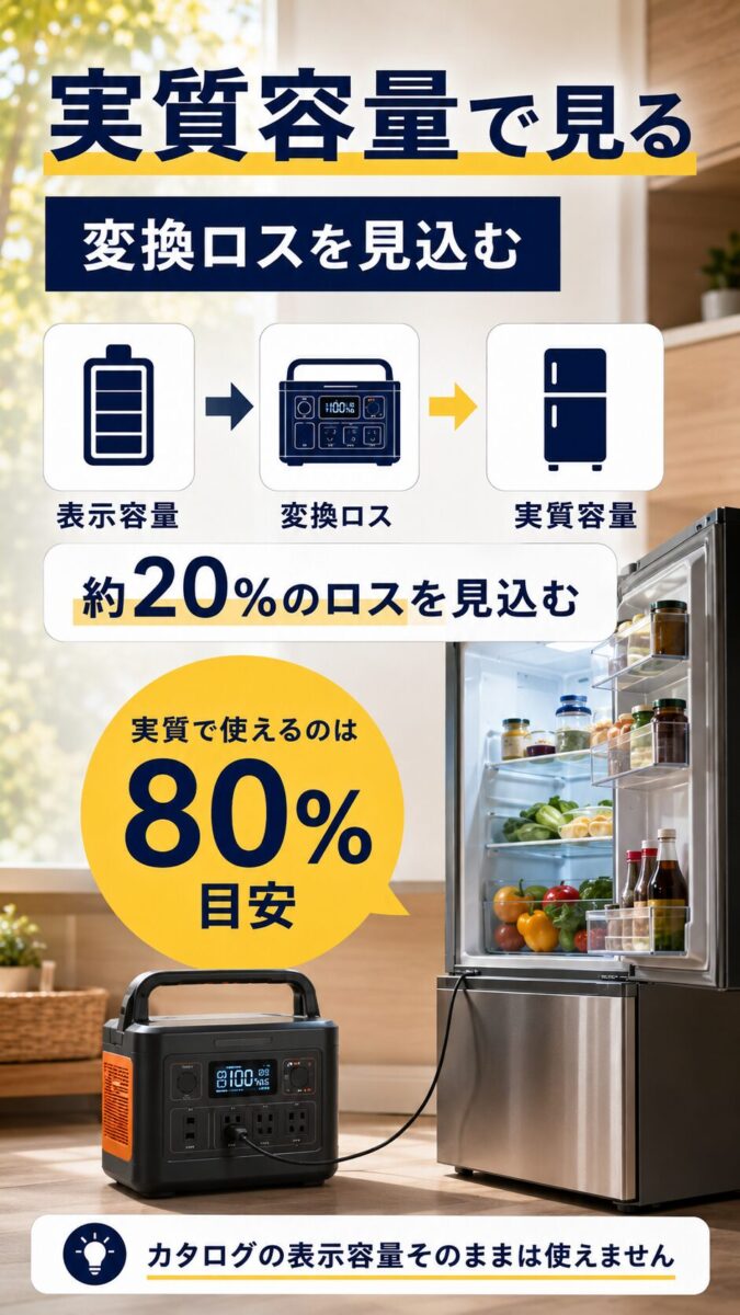 ポータブル電源の表示容量ではなく変換ロスを引いた実質容量で考える画像