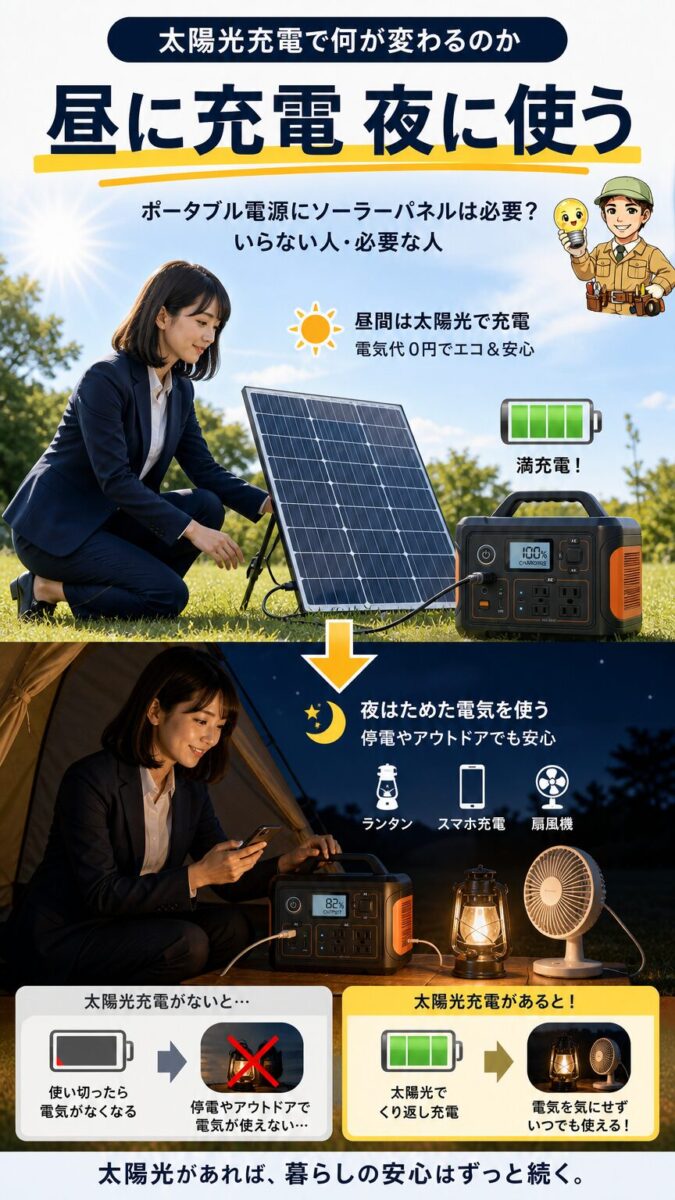 太陽光充電で昼に電力を補充し夜に使う流れを示す画像