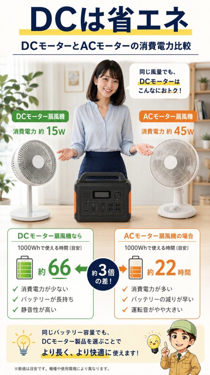 DCモーター扇風機とACモーター扇風機の消費電力差を比較する縦型画像
