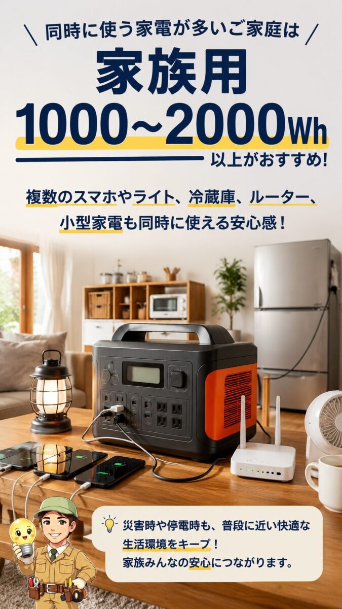 家族世帯向けの防災用ポータブル電源容量を示す画像
