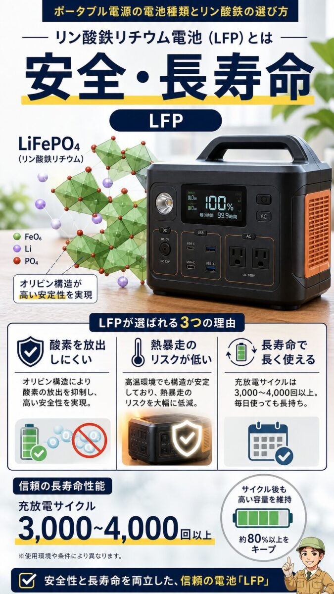 リン酸鉄リチウム電池LFPの安全性と長寿命を表す画像