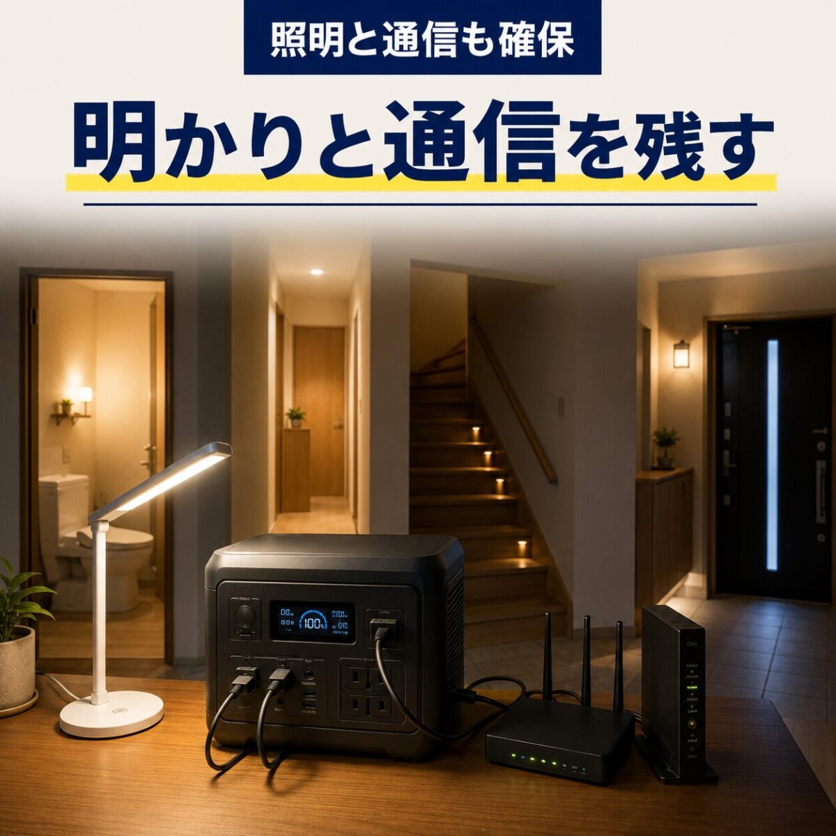 停電時にLED照明とWi-Fi通信をポータブル電源で確保するイメージ
