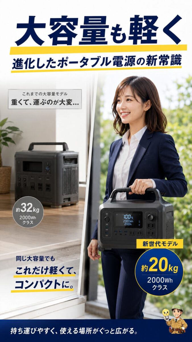 2000Whクラスのポータブル電源が大容量のまま軽量化してきた技術進化を表す画像