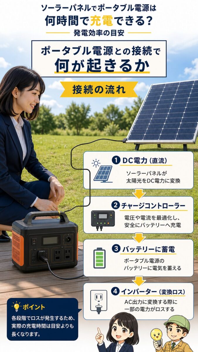 ソーラーパネルからポータブル電源へ電気が送られる流れを示す縦型画像