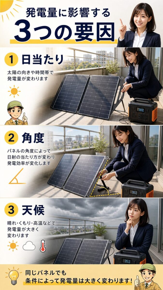 ソーラーパネルの発電量を左右する日当たり角度天候の3要因を示す画像