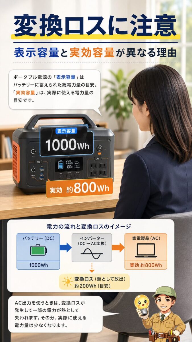 表示容量と実際に使える実効容量の違いを変換ロスで示した縦型画像