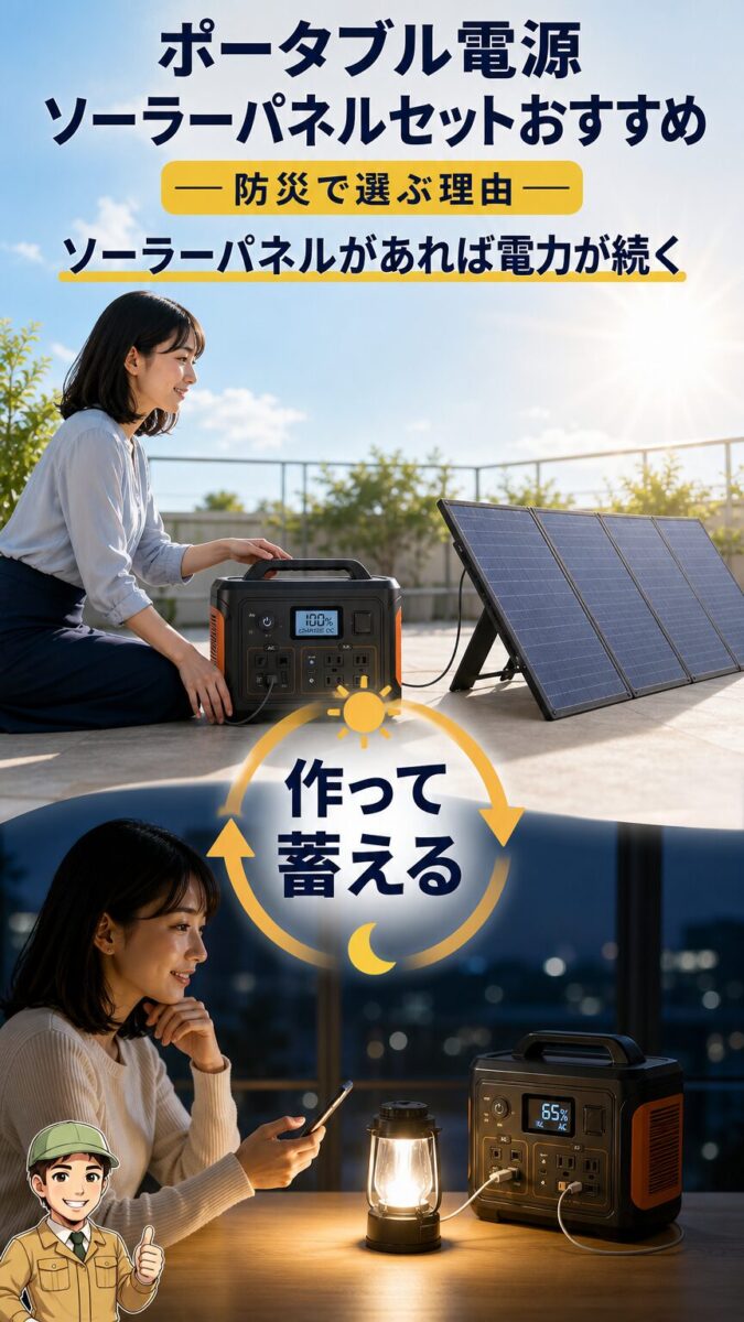 ソーラーパネルで昼に発電して夜に電力を使うイメージ