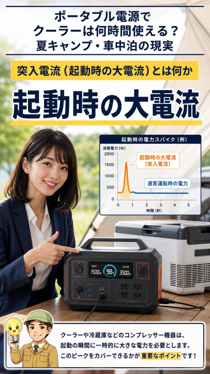 クーラー起動時に大きな突入電流が発生することを示す画像