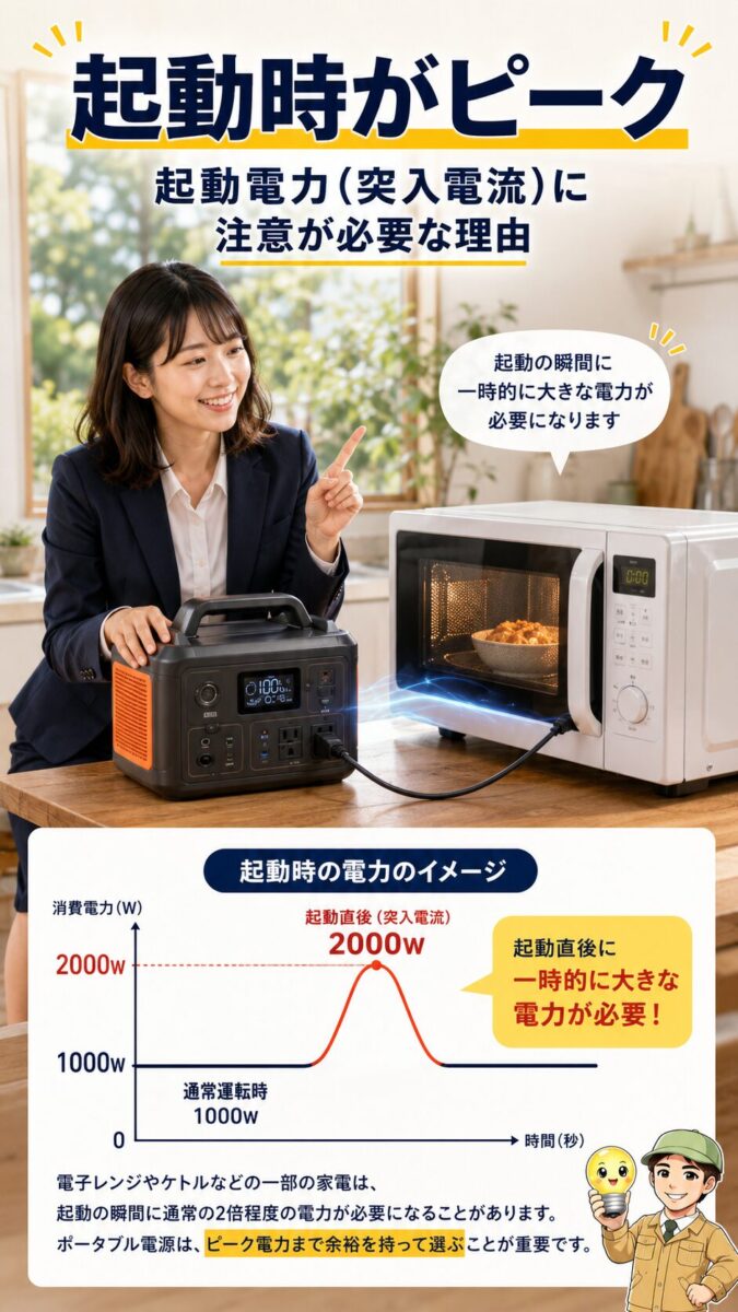 電子レンジの起動時に瞬間的なピーク電力が発生することを示す画像