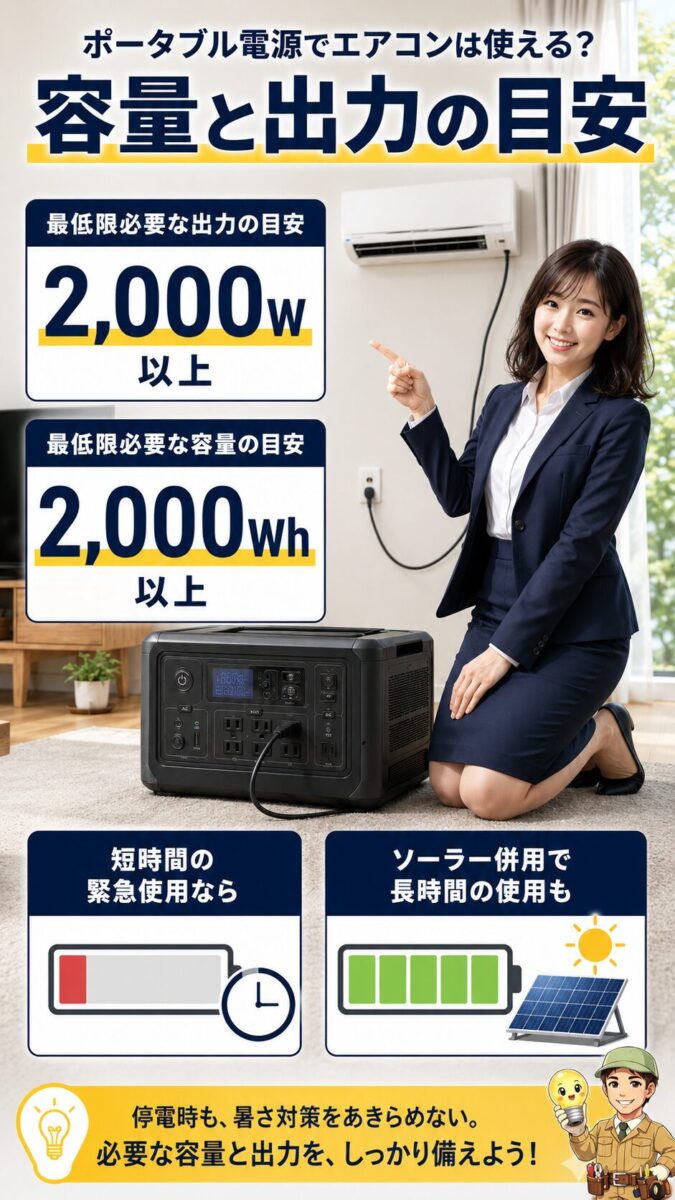 エアコン運転に必要なポータブル電源の出力と容量の目安