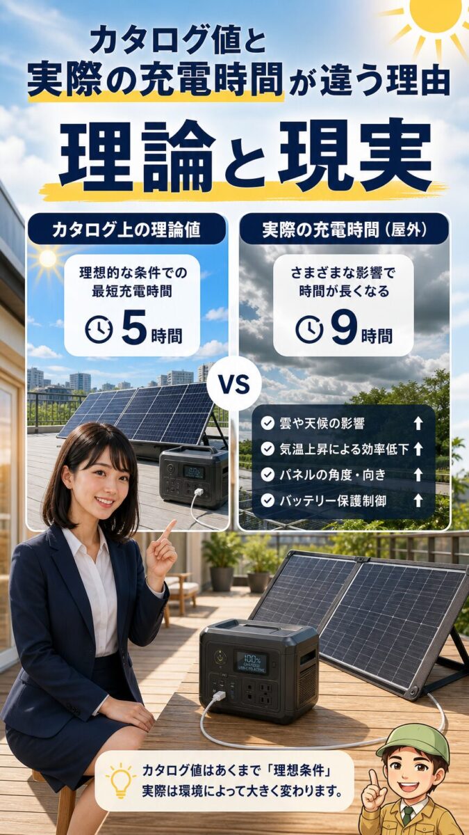 カタログ値と実際のソーラー充電時間がずれる理由を表す縦型画像