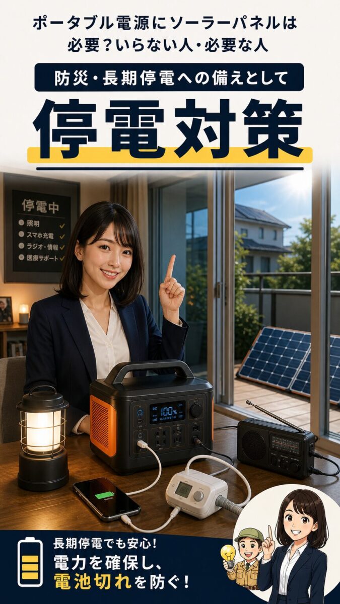 防災や長期停電に備えてソーラーパネルで電力を補う画像