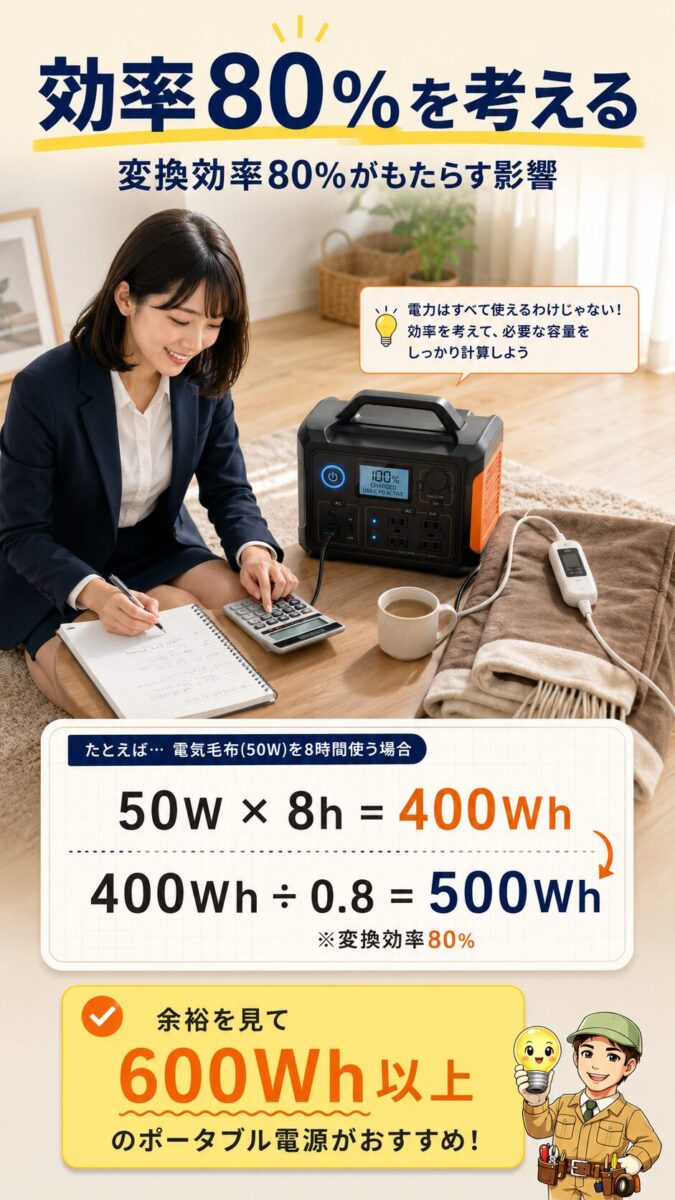 変換効率80%を考慮した電気毛布の必要容量計算を示す縦型画像